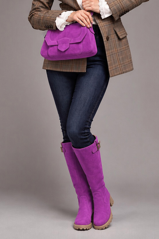 Women's mauve custom-made buckle knee-high boots with  and - Top view